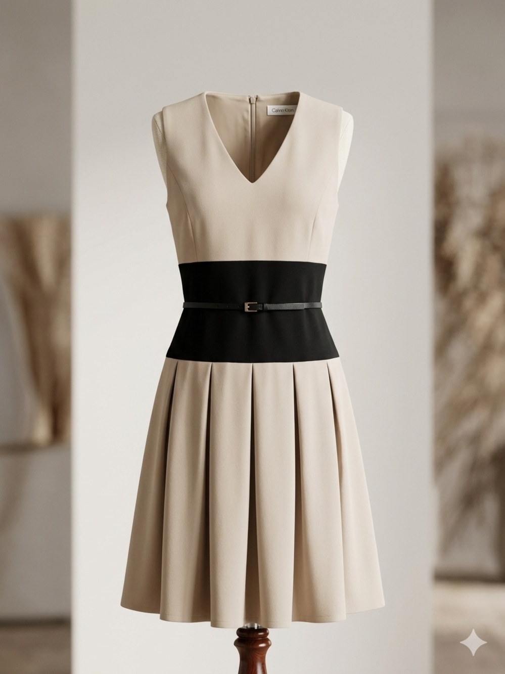 Calvin Klein Beige Black Color Block Fit & Flare Pleated Belted Dress Sz 6-8